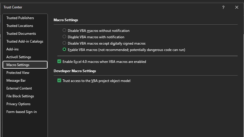 Microsoft Excel Windows Settings Screenshot